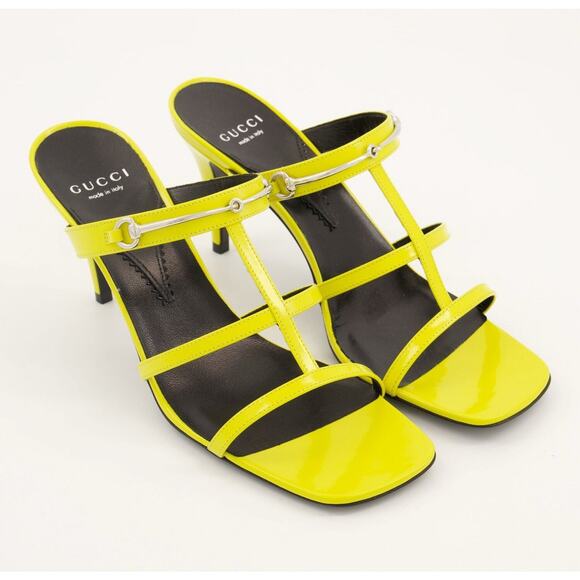 Gucci Regent Slim Horsebit 37.5/US 7.5 Heel Sandals Lime Yellow Leather NIB $990 - Picture 1 of 13